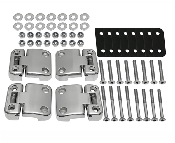 Land Rover dørhængsel sæt i poleret rustfri stål med rustfri bolte og montage sæt til Defender og Serie 2 & 3 - bagdøre