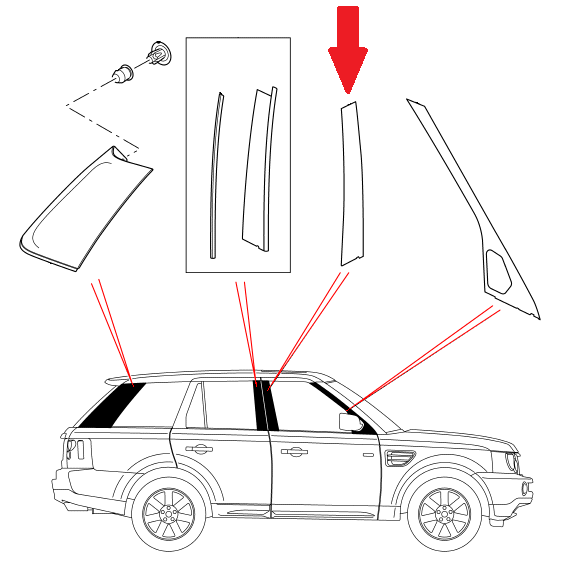 Land Rover B-stolpe afdækning på fordøren for Range Rover Sport frem til 2013 - Højre side