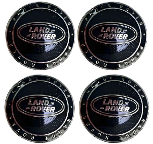 Land Rover hjul center kapsler, 4 stk. i sort med blank kant og blank RANGE ROVER logo og LAND ROVER logo